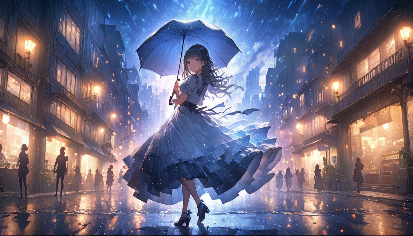 masterpiece, Highest quality, Highly detailed CG Unity 8k wallpaper, rainy night city street. Silhouette illustration of a girl dancing without an umbrella. It seems to be illuminated by street lamps and moonlight like a spotlight.. The cityscape is depicted in a precise and realistic way., High-resolution details. The focus is on、The background is blurred. Octane Rendering Style. Light particles throughout.