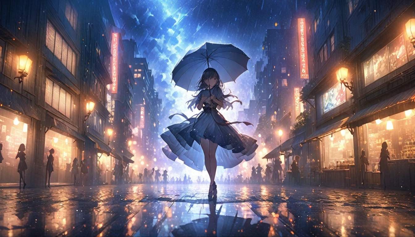 masterpiece, Highest quality, Highly detailed CG Unity 8k wallpaper, rainy night city street. Silhouette illustration of a girl dancing without an umbrella. It seems to be illuminated by street lamps and moonlight like a spotlight.. The cityscape is depicted in a precise and realistic way., High-resolution details. The focus is on、The background is blurred. Octane Rendering Style. Light particles throughout.