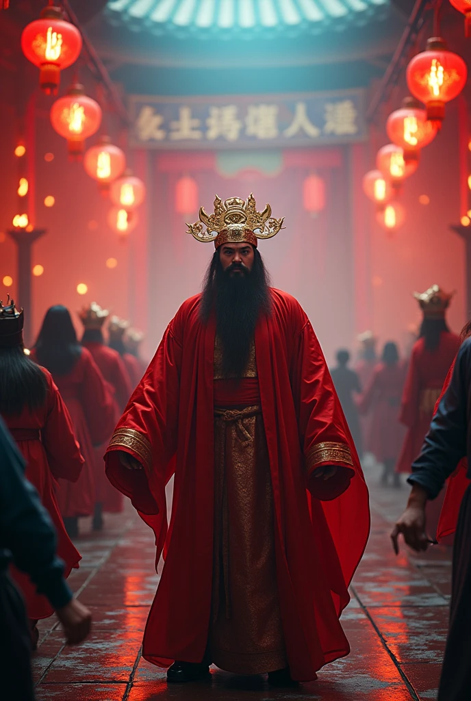 Chaos and disorder,Extremely wide view,A Taoist priest in a red robe,Wearing a copper coin mask on his face,banner,Glowing Soul Army,Tang Dynasty,Ethereal Symbolism,Silver and blue,Vibrant stage backdrop,Dark death atmosphere,gloomily,inspiration,Creepy old,Faint ghost fire,dishcloth,Hip lighting,Hyper-realistic rendering