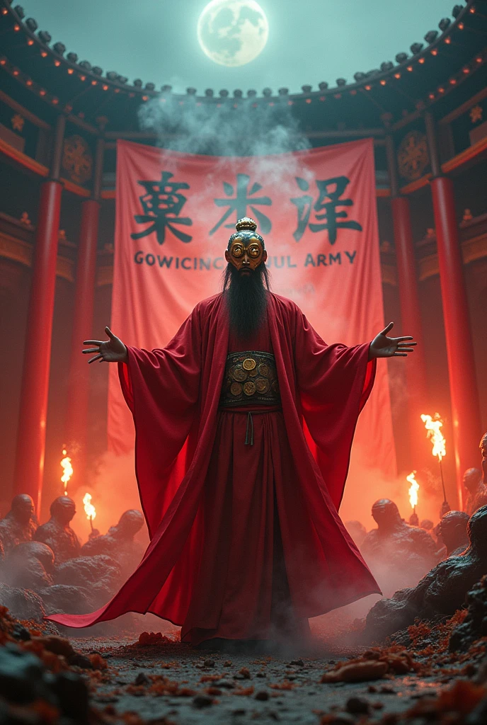 Chaos and disorder,Extremely wide view,A Taoist priest in a red robe,Wearing a copper coin mask on his face,banner,Glowing Soul Army,Tang Dynasty,Ethereal Symbolism,Silver and blue,Vibrant stage backdrop,Dark death atmosphere,gloomily,inspiration,Creepy old,Faint ghost fire,dishcloth,Hip lighting,Hyper-realistic rendering