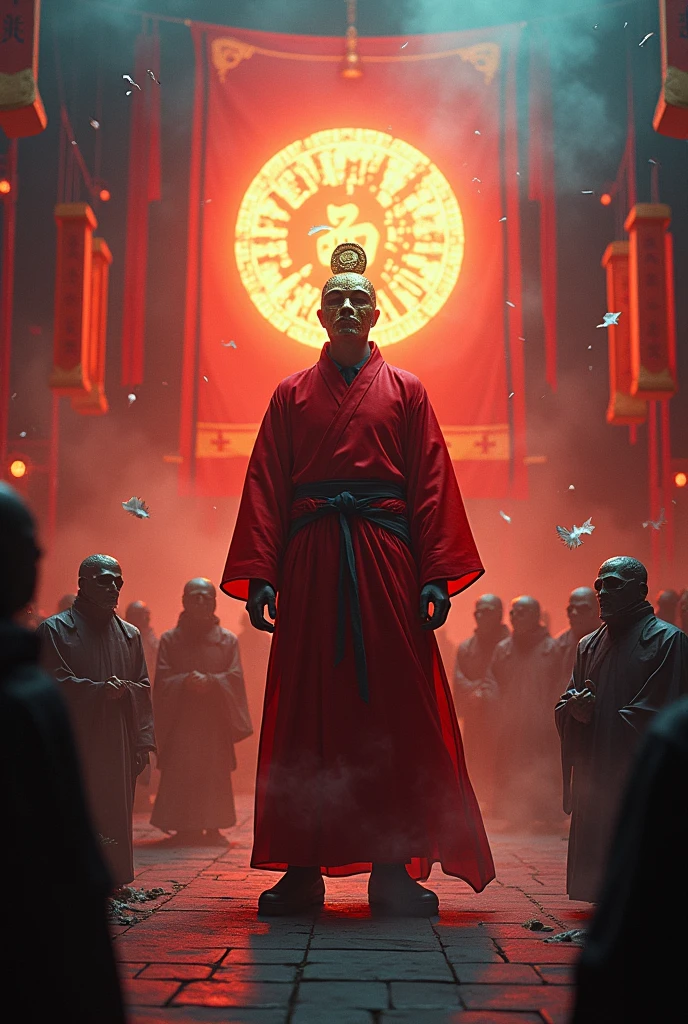 Chaos and disorder，Extremely wide view，A Taoist priest in a red robe，Wearing a copper coin mask on his face，banner，Glowing Soul Army，Tang Dynasty，Ethereal Symbolism，Silver and blue，Vibrant stage backdrop，Dark death atmosphere，gloomily，inspiration，Creepy old，Faint ghost fire，dishcloth，Hip lighting，Hyper-realistic rendering