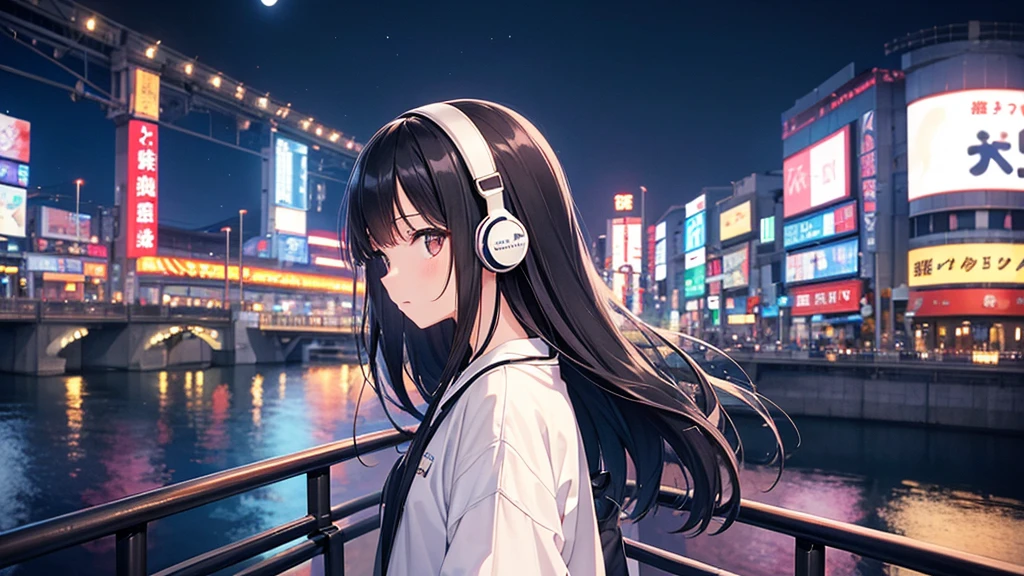 Traveling along Dotonbori Bridge in Osaka after the rain。White moon in the sky。A young girl with black hair wearing stylish clothes and headphones labeled "lo-fi" The girl is shown in profile, gazing into the distance with a calm, relaxed expression Background depicts the iconic scenery of Namba, Osaka at night, without any text on signs A starry night sky adding to the peaceful atmosphere Overall mood is quiet and serene, perfect for lo-fi music Detailed hair rendering and careful attention to the girl's fashionable outfit The entire scene should evoke a relaxing, introspective feeling associated with lo-fi music