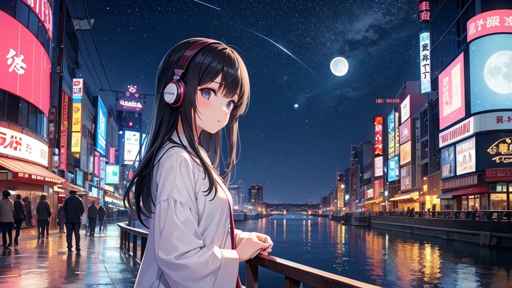 Traveling along Dotonbori Bridge in Osaka after the rain。White moon in the sky。A young girl with black hair wearing stylish clothes and headphones labeled "lo-fi" The girl is shown in profile, gazing into the distance with a calm, relaxed expression Background depicts the iconic scenery of Namba, Osaka at night, without any text on signs A starry night sky adding to the peaceful atmosphere Overall mood is quiet and serene, perfect for lo-fi music Detailed hair rendering and careful attention to the girl's fashionable outfit The entire scene should evoke a relaxing, introspective feeling associated with lo-fi music