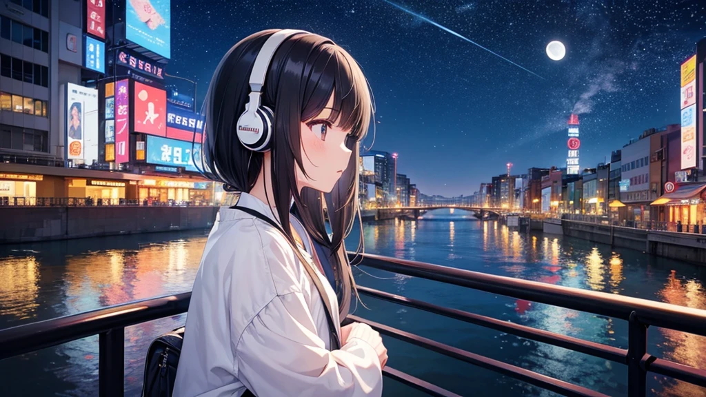 Traveling along Dotonbori Bridge in Osaka after the rain。White moon in the sky。A young girl with black hair wearing stylish clothes and headphones labeled "lo-fi" The girl is shown in profile, gazing into the distance with a calm, relaxed expression Background depicts the iconic scenery of Namba, Osaka at night, without any text on signs A starry night sky adding to the peaceful atmosphere Overall mood is quiet and serene, perfect for lo-fi music Detailed hair rendering and careful attention to the girl's fashionable outfit The entire scene should evoke a relaxing, introspective feeling associated with lo-fi music