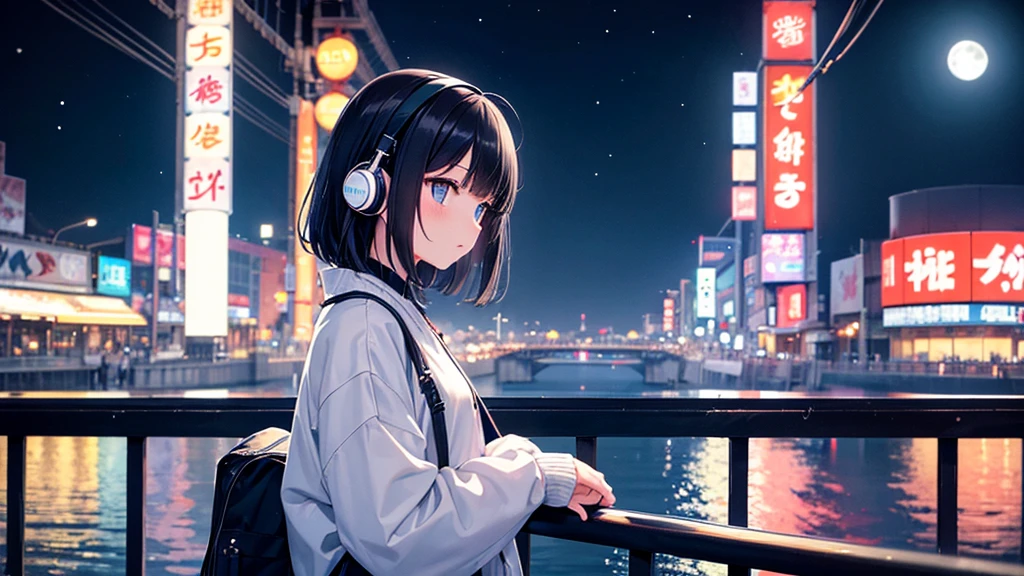 Traveling along Dotonbori Bridge in Osaka after the rain。White moon in the sky。A young girl with black hair wearing stylish clothes and headphones labeled "lo-fi" The girl is shown in profile, gazing into the distance with a calm, relaxed expression Background depicts the iconic scenery of Namba, Osaka at night, without any text on signs A starry night sky adding to the peaceful atmosphere Overall mood is quiet and serene, perfect for lo-fi music Detailed hair rendering and careful attention to the girl's fashionable outfit The entire scene should evoke a relaxing, introspective feeling associated with lo-fi music
