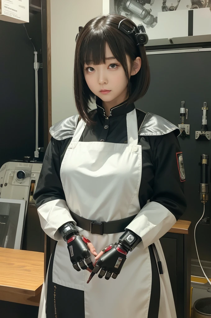 Japanese android girl,Plump , White boots,control panels,activate,Squat,android,droid,Mechanical Hand,clothes with a sense of mechanical technology, Robot arms and legs, Black Robot Parts,black hair,apron,white robot body,ceramic body,rolling eyes