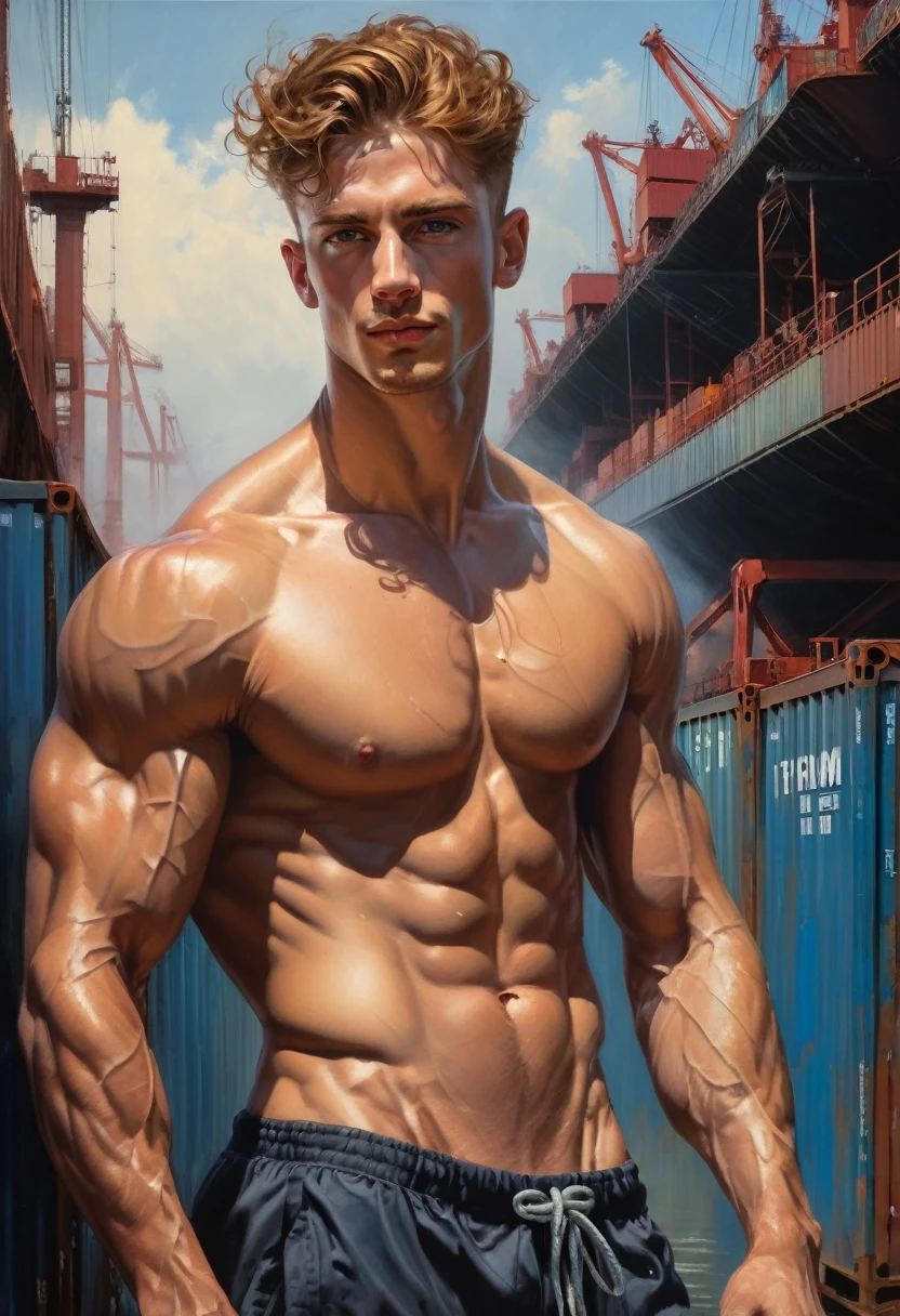 Industry: Transportation
Background: Port with containers and cranes.
Leg Position: Spread apart, in a stable stance.
Arm Position: Holding a thick rope with both hands.
Action: Tying up a boat.
Color Palette: Blues and grays.
Facial Expression: Strained and determined.
Model’s Facial and Physical Characteristics: Weathered face, strong and muscular.

generate the image with atmosphere of enthusiasm (( Highlight the rippling muscles smiling, their bodies glistening with droplets. The focus should be on the men's powerful physique, the background should be blurred to create a sense of movement and energy. evoking the strength, symmetry, beauty of the male body.)) by Aaron Horkey and Jeremy Mann, masterpiece, best quality, Photorealistic, ultra-high resolution, photographic light, illustration by MSchiffer, fairytale, Hyper detailed A mixture of photography and painting, simetryc Composition, Perfect Divine Proportione, 8k resolution fullbody image, oil painting intense dark colors palette A young man, white skin, latino, smoth body, thin face, straight nose, thin lips, square chin, large light black eyes, short black wavy hair, in roberto ferri style, aesthetic slim athletic body, ginger realistic skin, gorgeous, detailed tonned muscles, barefoot, perfect anatomy, muscled fitness body, Young man, perfect anatomy, , energetic splendid, Barefoot, , small flacid penism and detailed muscles, shirtless, pantless, fullbody, wearing sandals, the composition of shadows and lights give an atmosphere of spaciousness, Intense Look at a fancy room: