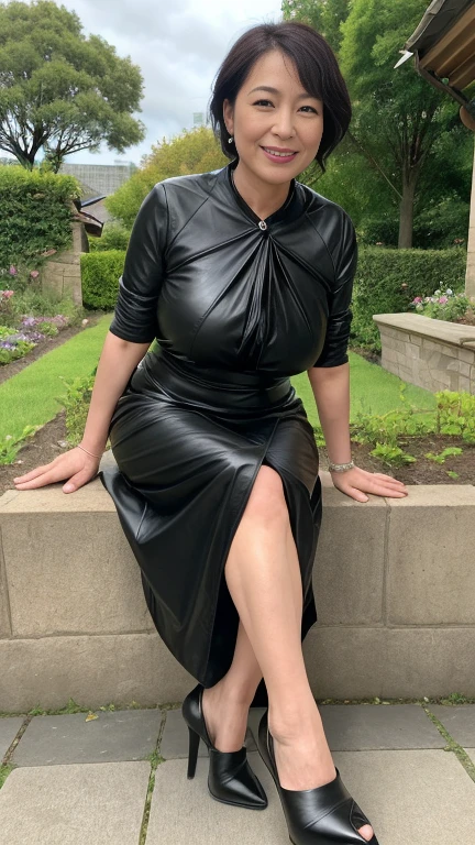最high quality, 8k, Vibrant, Sharp focus, high quality, High resolution, Middle-aged women, Mature Woman, 55 years old, (Whole Body Ezbian), (High heels face detail, Highly detailed eyes, Plump figure、Plump face、((big 1.6))、(((Large Breasts)))、((Black leather clothing))、garden、Random Hairstyles、A kind smile、