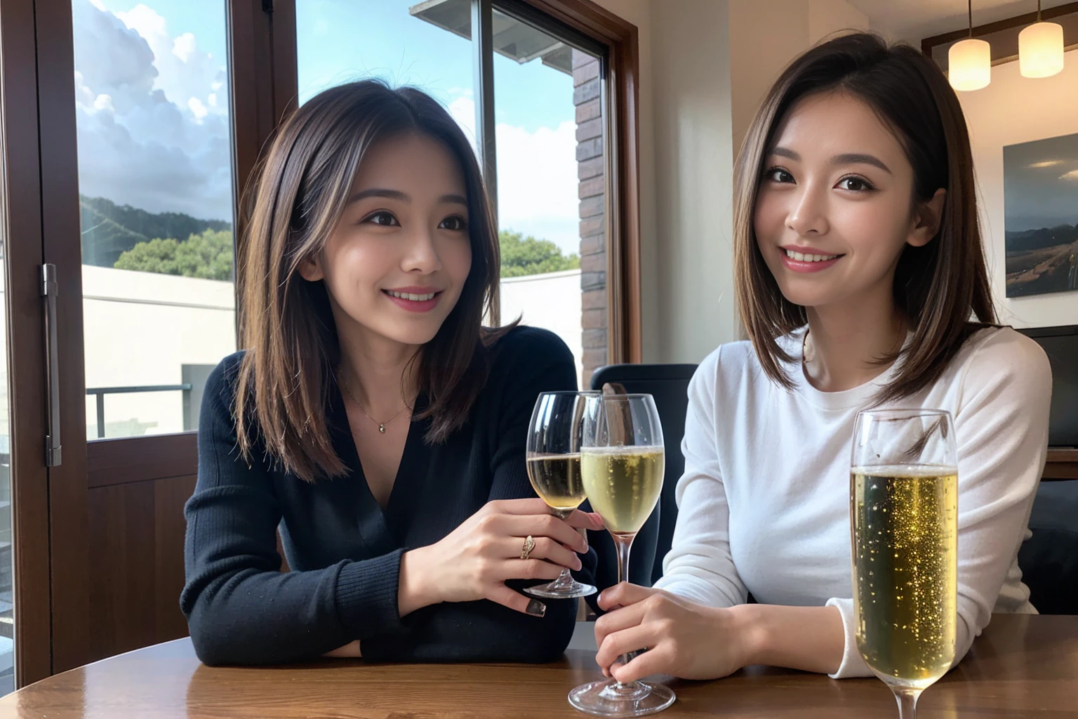 ((Highest quality、8k、masterpiece:1.3))、1 male、1 female,36 years old 39 years old、Slim Beauty、Beautiful couple、Upper Body、smile、 (Slim face), (The body is スリム), (Brown Hair), (Shortcuts), Japanese food、Soba、Japanese sake、Shochu 、Amazing view of the sunset sky and clouds、smileの美しさ、sparkling wine、Long sleeve shirt、dress、White wine, wine glass, Beautiful fine grain, Depth f/2,saturation, High Contrast, Strong light and shadow,Moist Body:1.5、 texture、The hair is very shiny、