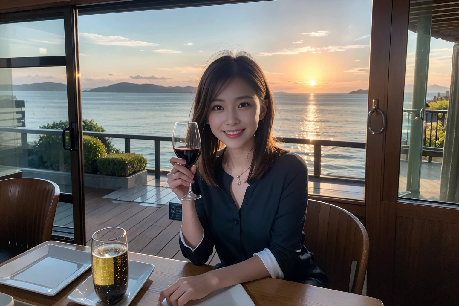 ((Highest quality、8k、masterpiece:1.3))、1 male、1 female,36 years old 39 years old、Slim Beauty、Beautiful couple、Upper Body、smile、 (Slim face), (The body is スリム), (Brown Hair), (Shortcuts), Japanese food、Soba、Japanese sake、Shochu 、Amazing view of the sunset sky and clouds、smileの美しさ、sparkling wine、Long sleeve shirt、dress、White wine, wine glass, Beautiful fine grain, Depth f/2,saturation, High Contrast, Strong light and shadow,Moist Body:1.5、 texture、The hair is very shiny、