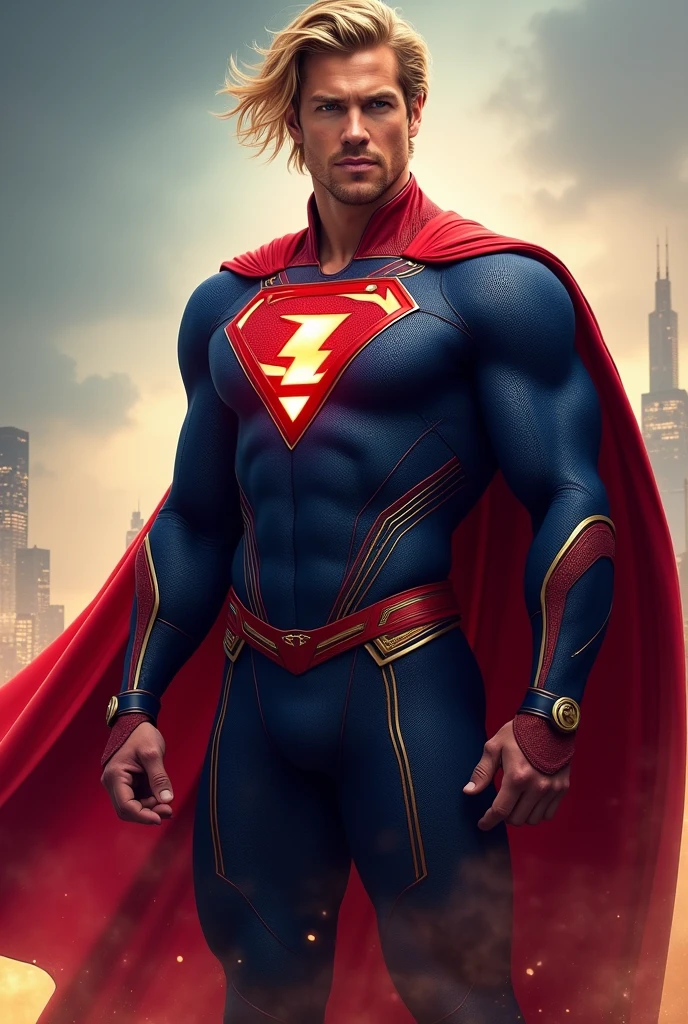 The son (male) de flash y supergirl, adult, with a fused suit of both superheroes (Red and blue), and with a cape, rubio... Con traje de flash y supergirl fusionados, and lightning emblem and the "s" (de superman)