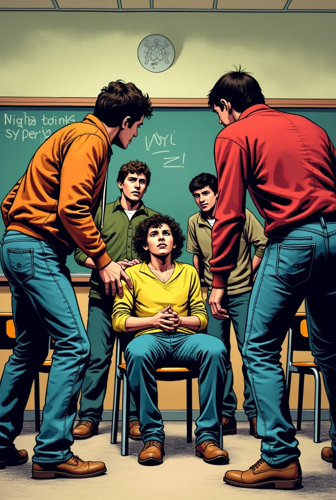 Bullies in a classroom addressing a seated student, 70&#39;s comic style