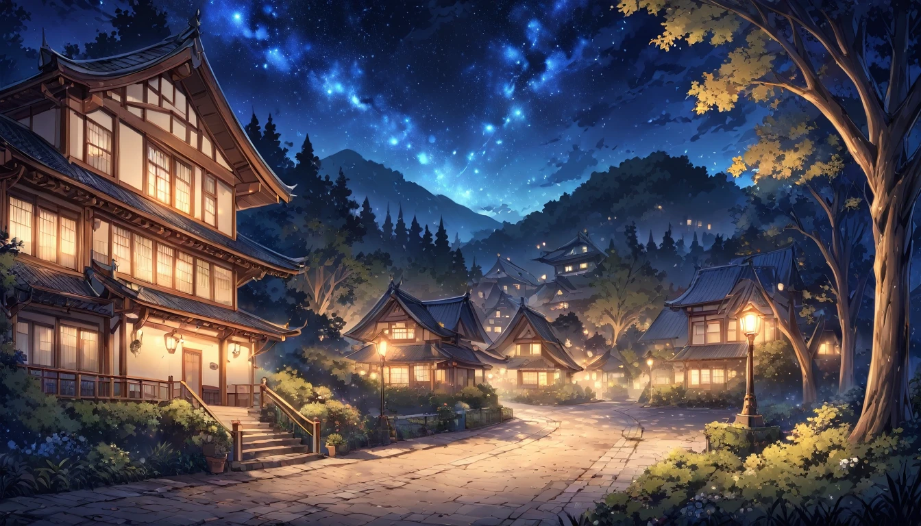 masterpiece, best quality, number, illustration, Anime style background, landscape, Low exposure, 4K resolution, Extreme details, Very detailed, night, light, Trees, Comfort, architecture