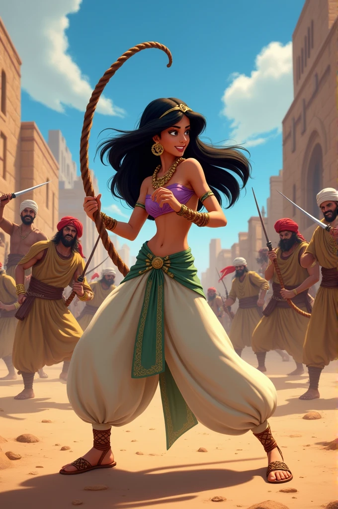 Disney's Jasmine with a whip fighting Arab bandits