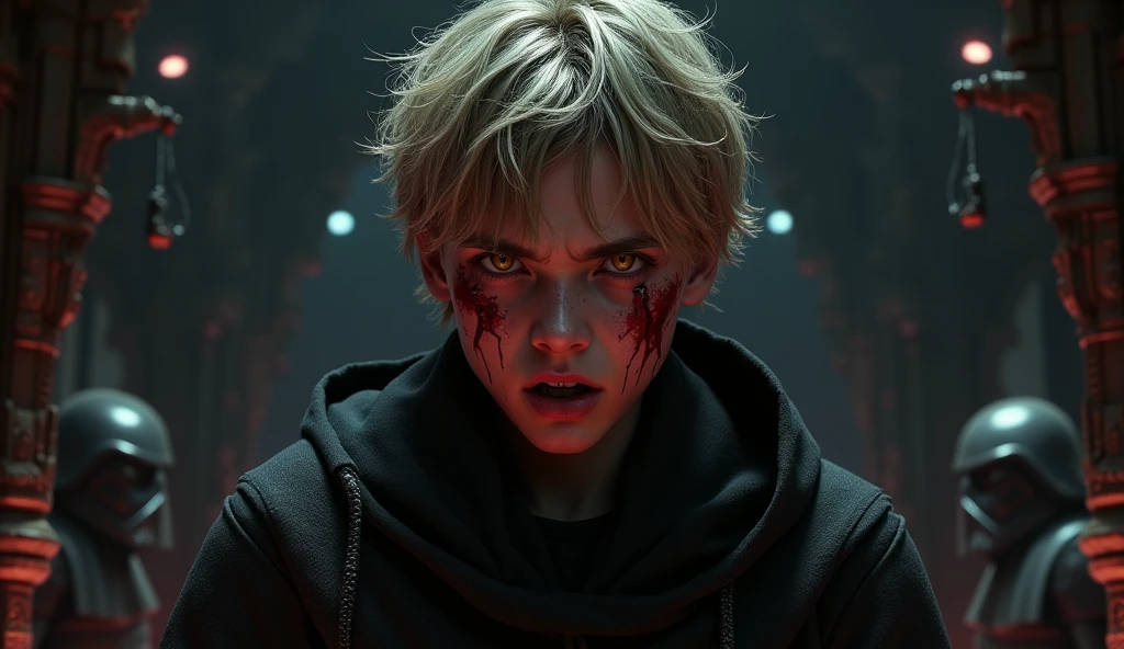 Character based on the world of Star Wars, a 15 years teenager male sith lord, dark blonder short haired, yellow eyes, dark simple cloats, inside a dark sith temple, high realism, perfect anatomy, perfect eyes, blood crying, broken sith mask, fontal, screaming