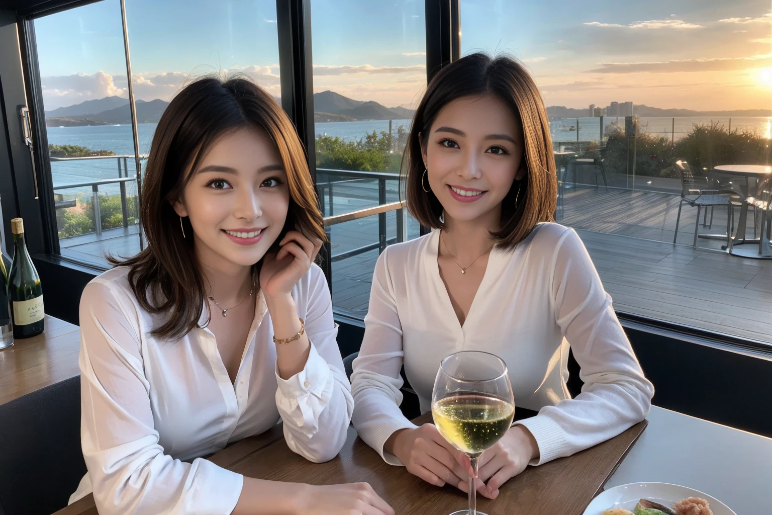 ((Highest quality、8k、masterpiece:1.3))、1 male、1 female,36 years old 39 years old、Slim Beauty、Beautiful couple、Upper Body、smile、 (Slim face), (The body is スリム), (Brown Hair), (Shortcuts), sashimi、Tempura、Japanese sake、Shochu 、Amazing view of the sunset sky and clouds、smileの美しさ、sparkling wine、Long sleeve shirt、dress、White wine, wine glass, Beautiful fine grain, Depth f/2,saturation, High Contrast, Strong light and shadow,Moist Body:1.5、 texture、The hair is very shiny、