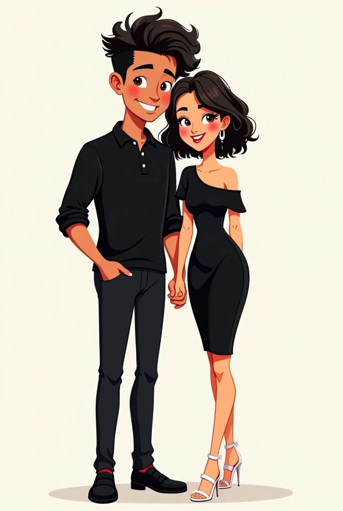 a cute cartoon couple. The guy has a curly black hair, wearing a black polo long-sleeved, black slacks and black shoes, while the girl is wearing a black tight dress where the sleeves are only hang in the left side of her shoulder and has a white 5 inch sandals. The guy hand is on the girl's waist and theh are smiling happily on the picture, the girl has a short wavy hair