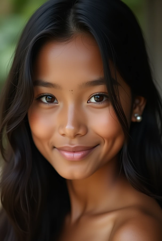 Filipino girl with light brown skin black silky hair dark brown eyes with filipino characteristics from mandaya tribe in the age of 20