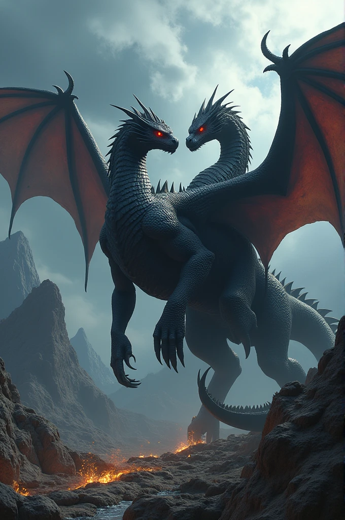 The dragon Balerion the black terror next to the dragon drogon