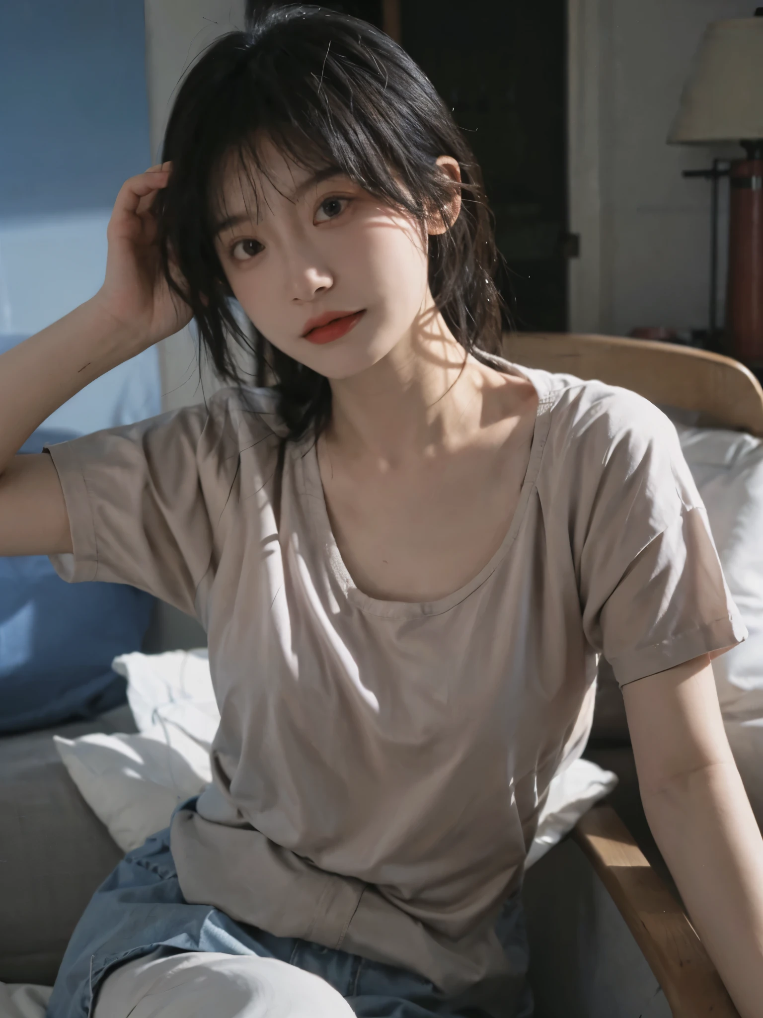 8k, RAW Photo, Best Quality, Masterpiece, High Detail RAW Color Photo, Professional Photo, (Realistic, Photorealistic Photorealism: 1.37), (High Detail Skin: 1.2), High Resolution, Beautiful Detailed Eyes, (Hard Focus: 1.4), (Clear Focus: 1.4), Realistic, (8K UHD:1.2), realistic high-quality shadows, pink pouty red lips, slender face, full, (wavy hair), half top knot, gray-blue wavy short hair, sapphire eye color, suggestive appearance, (extreme face close-up), pov, ((depth of field)), pale and shiny skin, crop top t-shirt, 30 years old, buruma, Maldives seaside, white clouds, background blur, lens flare, (vignetting: 0.8), dramatic lighting, cinematic lighting, backlighting, Professional lighting, physically based rendering, ulzzang-6500-v1.1, pureerosface_v1.