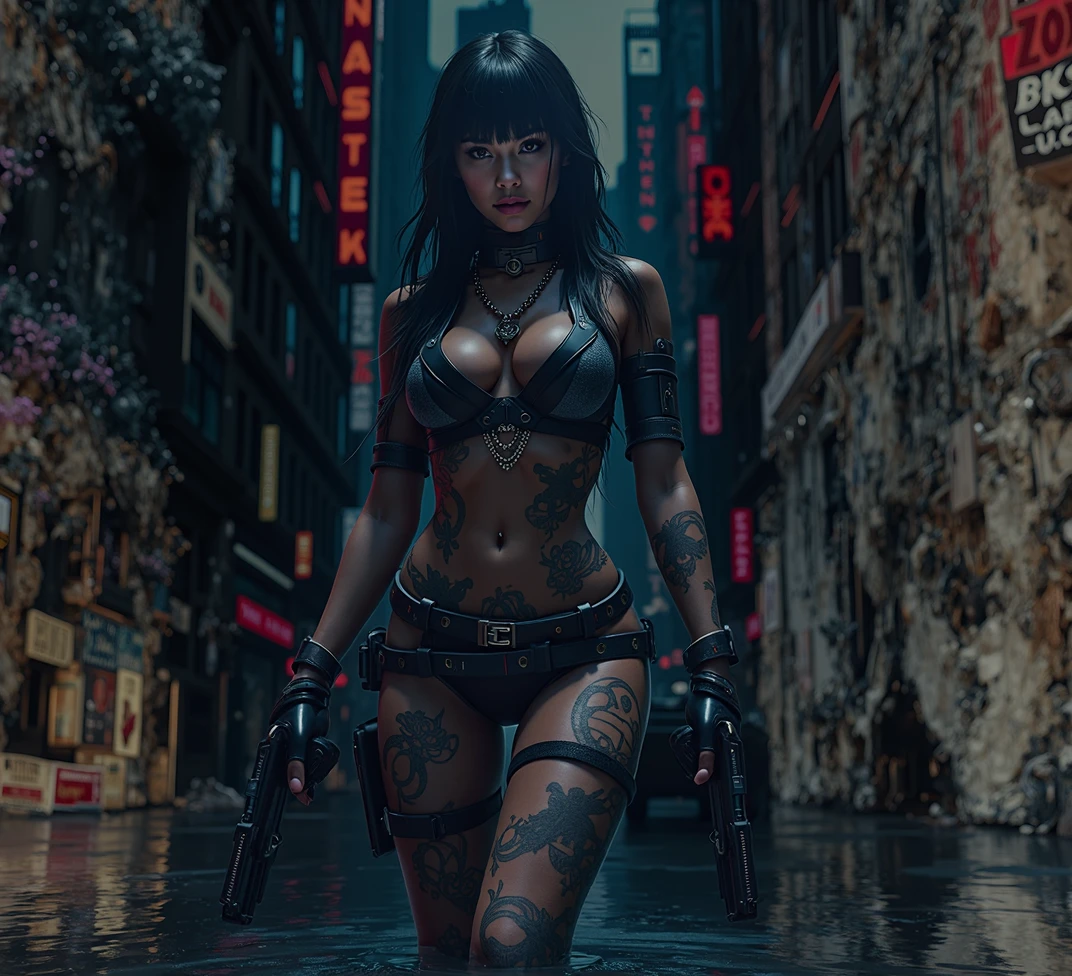 a woman holding a gun in each hand, beautiful detailed eyes, beautiful detailed lips, extremely detailed eyes and face, long eyelashes, intense expression, dynamic pose, military outfit, post-apocalyptic environment, abandoned city, dramatic lighting, cinematic composition, highly detailed, photorealistic, 8k, best quality, masterpiece