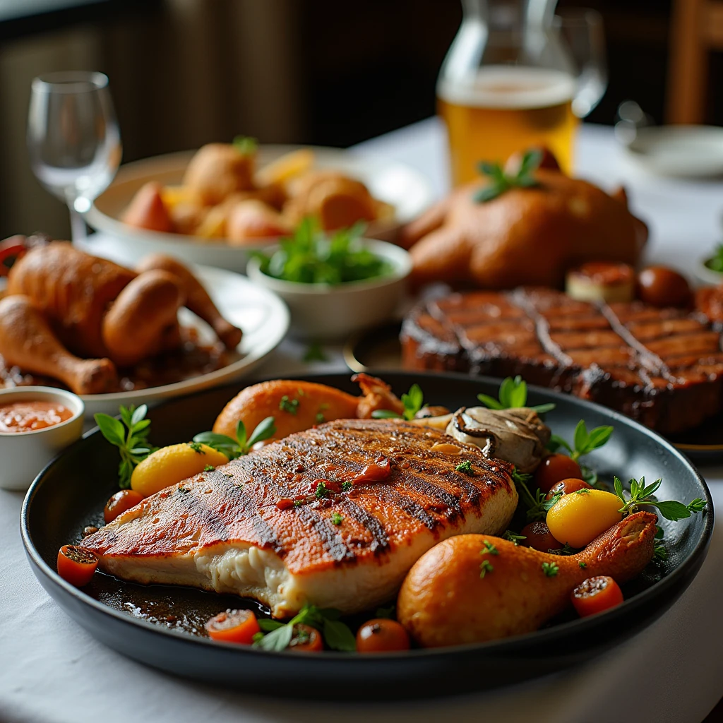 Take a top photo,gourmet food,There is a grilled fish on the table,A roast chicken,and grilled steak
