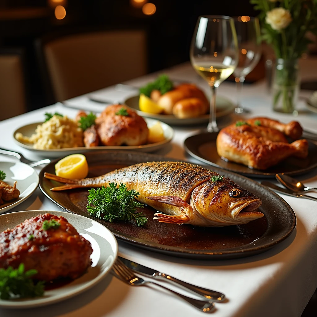 Take a top photo,gourmet food,There is a grilled fish on the table,A roast chicken,and grilled steak