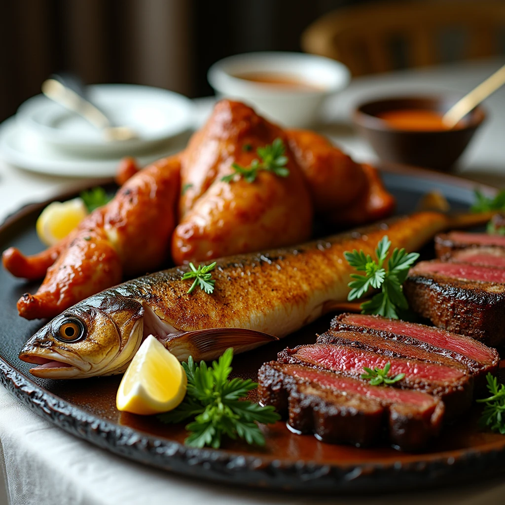 Take a top photo，gourmet food，There is a grilled fish on the table，A roast chicken，and grilled steak