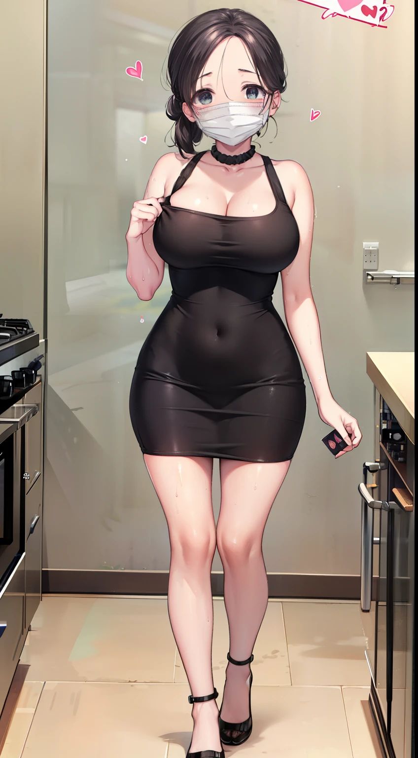 (Familiar, masterpiece, Highest quality, Complex), Full body view, Kyoka Tachibana, Big Breasts,
1 person, alone, backyard, Cute eyes, Beautiful Face, Perfect round ass, Fit and body, Female Pervert, alone, White skin, blue eyes, ((Beautiful mature woman)), (Black Mask:1.5, Tight dress:1.2), Captivating smile, Mischievous face, Sweat, vapor, Embarrassing, blush, Excited, ((Voice of the Heart, Breathtaking, Sound effect)), Full body view、accessories, Are standing)、stylish, kitchen