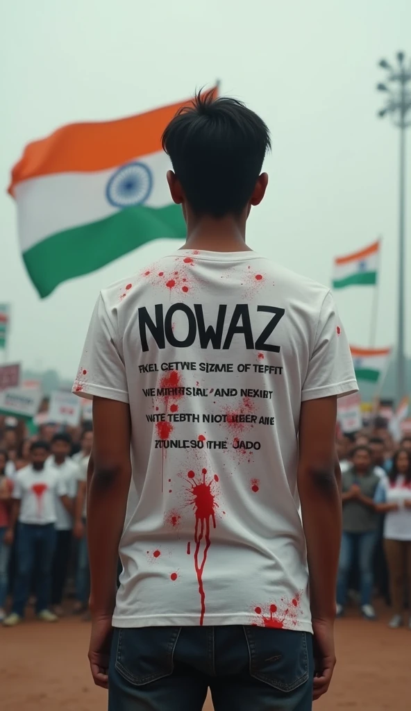 A young thin man in his early 20s, wearing a white T-shirt with the name ‘NOWAZ’ written on the back, is standing solemnly in front of the Indian national flag. Facing towards the flag as we can see his back side. The T-shirt is stained with red blotches resembling blood, symbolizing his protest against the ongoing violence and rapes of women in the country. He stands with a determined posture, holding a sign that asks, ‘Why are our mothers and sisters not safe in India?’ Also Written on his back of his Tshirt with blood “Why our mother and sisters are not safe”. The scene is set in a large public space, possibly a square or stadium, with the Indian flag prominently displayed, fluttering in the breeze. The background shows a crowd of people, some holding banners and placards, all with somber expressions, reflecting the seriousness of the issue. The sky is overcast, adding to the gravity of the scene, as the atmosphere is heavy with the message of protest and the demand for safety and justice for women in India.