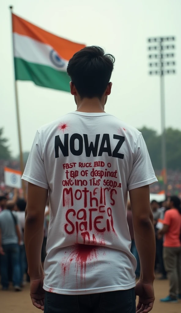 A young thin man in his early 20s, wearing a white T-shirt with the name ‘NOWAZ’ written on the back, is standing solemnly in front of the Indian national flag. Facing towards the flag as we can see his back side. The T-shirt is stained with red blotches resembling blood, symbolizing his protest against the ongoing violence and rapes of women in the country. He stands with a determined posture, holding a sign that asks, ‘Why are our mothers and sisters not safe in India?’ Also Written on his back of his Tshirt with blood “Why our mother and sisters are not safe”. The scene is set in a large public space, possibly a square or stadium, with the Indian flag prominently displayed, fluttering in the breeze. The background shows a crowd of people, some holding banners and placards, all with somber expressions, reflecting the seriousness of the issue. The sky is overcast, adding to the gravity of the scene, as the atmosphere is heavy with the message of protest and the demand for safety and justice for women in India.