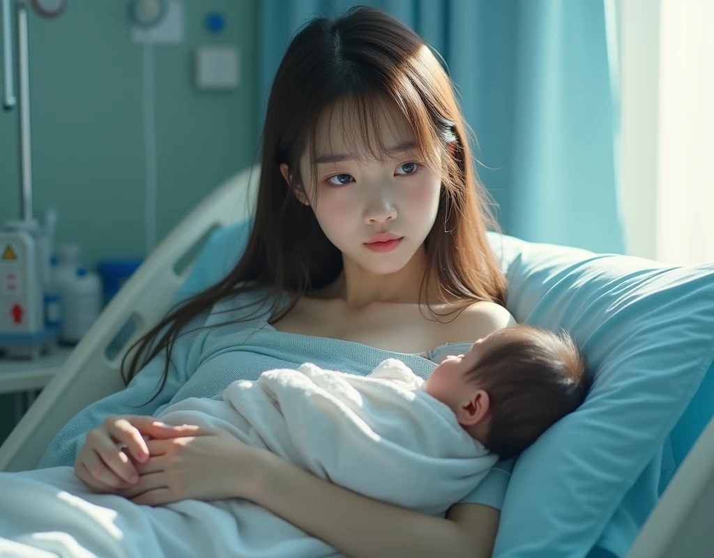 ((best quality)), ((masterpiece)), (detailed), (solo). there is ONE  girl. The girl is a Korean girl, has pale skin, super pretty, gorgeous and sexy, has blue eyes, has long light brown hair, slim body, hourglass figure, thin thigh, short, has baby face. The girl is wearing hopsital gown. The girl is pregnant with huge belly. The girl is lying down in a hospital bed. The girl looks like  teenager. The girl is holding a big  boy. The girl is crying.