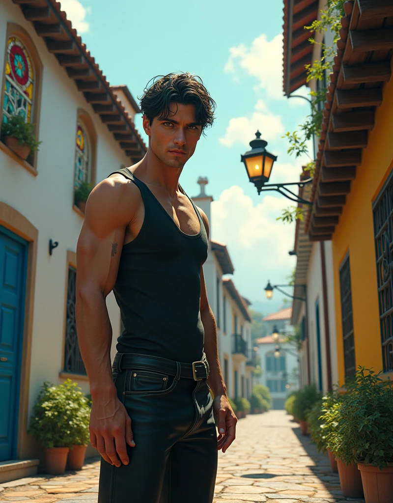 A brunette man, 1.76 tall, black hair, dark eyes, tapered nose, athletic body, light scar on his hand, on a cobblestone road, houses with apparent bricks in shades of white, blue and yellow, on a sunny day. With richness of detail and main focus on man, Arafed a ((stained glass art image:1.5)) stained-glass windows, of a (cyberpunk mech male angel: 1.2) standing in at the street at natta near his carro esportivo, natta, an exquisite beautiful cyberpunk male angel, ager, long hair brown 1.3)), (lilac angelic wings: 1.2), spread angelic wings, halo over head,, (work of art: 1.5), Vibrant, ultra-high resolution, hight contrast, work of art:1.2, highest quallity, better aesthetics), best details, best qualityer, high resolution, Ultra Wide Angle, 16K, [ultra detaild], work of art, best qualityer, (extremely detaild), mechanical creatures, intense gaze, stained-glass windows, hdr, , very detailed and sharp, insane professional photorealistic, skin delicate, perfect lighting, dramatic composition, elegant pose, stunning background, insane cinematic atmosphere, ((back view)), ((full body)), magnificent scene, detailed environment, highly detailed environment deep path Equirectangular garden nature, insane (((insane UnrealEngine5,top Masterpiece,ultra highdef, insane Professional Photorealistic,optimal ultra sharp-focus,max,ultra high-quality,opengl-shaders,symmetrical,ultra high-details,accurate reflex,ultra highres, perfection volumetric,Cinematic_Sunlight,improved Octane_render,XT3,DSLR,3dcg shadow, analogiques, extatiques, high saturate, reflection))),dazzling Will-o'-the-wisp,global luminescence, --v 6 --s 1000 --c 20 --q 500 --chaos 100