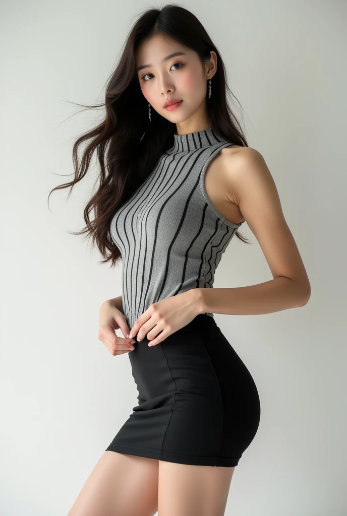 1.Head to toe full body image 2.White vertical knit sleeveless、Tight Mini Skirt 3.Slender busty style、Thin legs 4.Korean style center parted long hair beauty