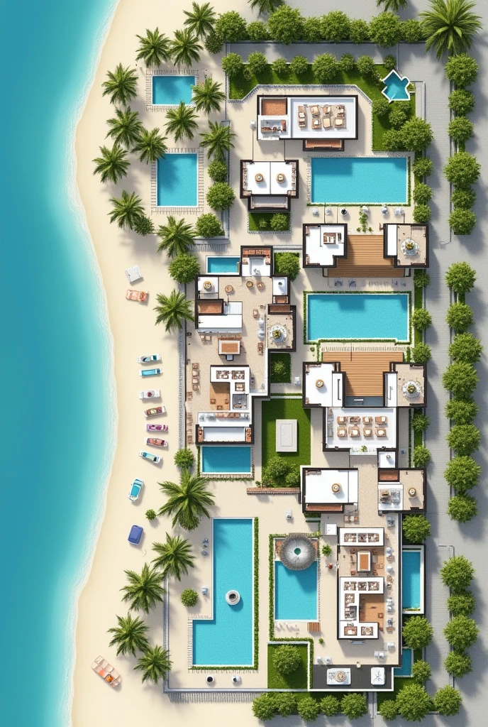 2D hotel floor plan on the beach which first shows the reception space The restaurant space The recreation space , the rooms, A SPA room, An area for people with disabilities, 3 swimming pools, Connection with green areas, This could be something like an open space and a sewage tank outside the hotel., The L-shaped parking lot One part in front and the rest alongside