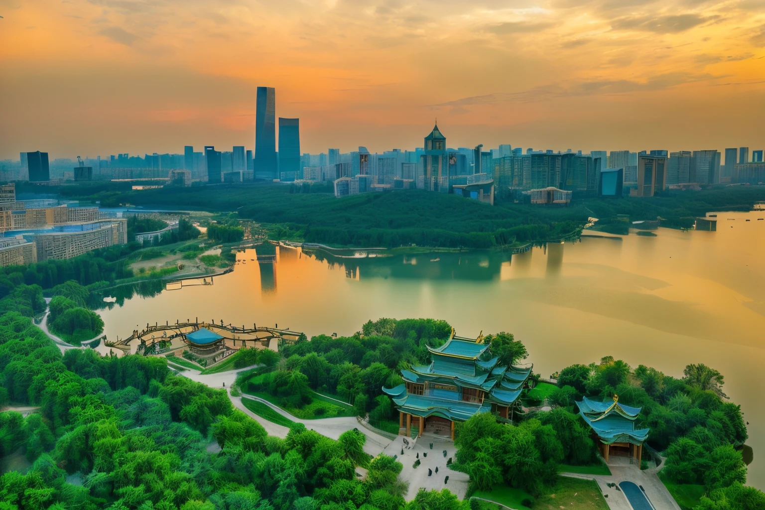 Alafud View，A city with a lake and a bridge can be seen, golden hour in Beijing, Cityscape shot from drone, beautiful cityscape, Beijing, nanquan,beautiful city, Beautiful images, baotou china, jin shan, Vision, Summer evening，RAW，uhd，8k，Detailed Details，Best quality，Perfect color matching，Cinematic atmosphere，Masterpieces shot by international photography masters，National Geographic Photography Award Winners