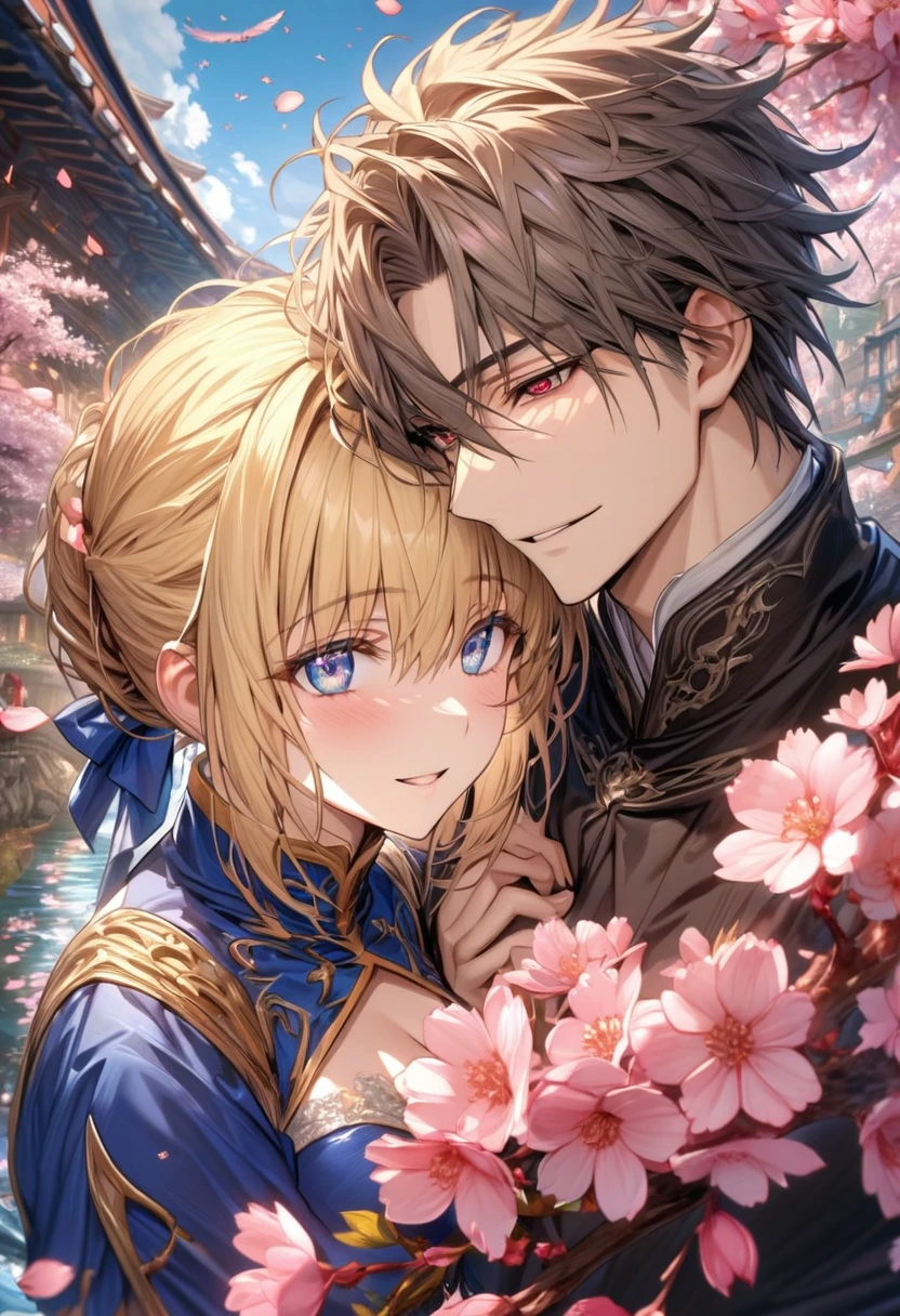 absurdres, highres, ultra detailed, HDR, master piece, best quality, extremely detailed face, delicated features, Xue Yu, brown hair, messy hair, hair between the eyes, expressive red eyes, Fate Stay Night, Saber, blonde hair, expressive green eyes, a handsome man together with a beautiful woman, couple, smiling, blue dress, black coat, fantasy, magical, cherry blossoms, pink flowers, pink butterflies, pink petals, water, crystal glass, blue sky