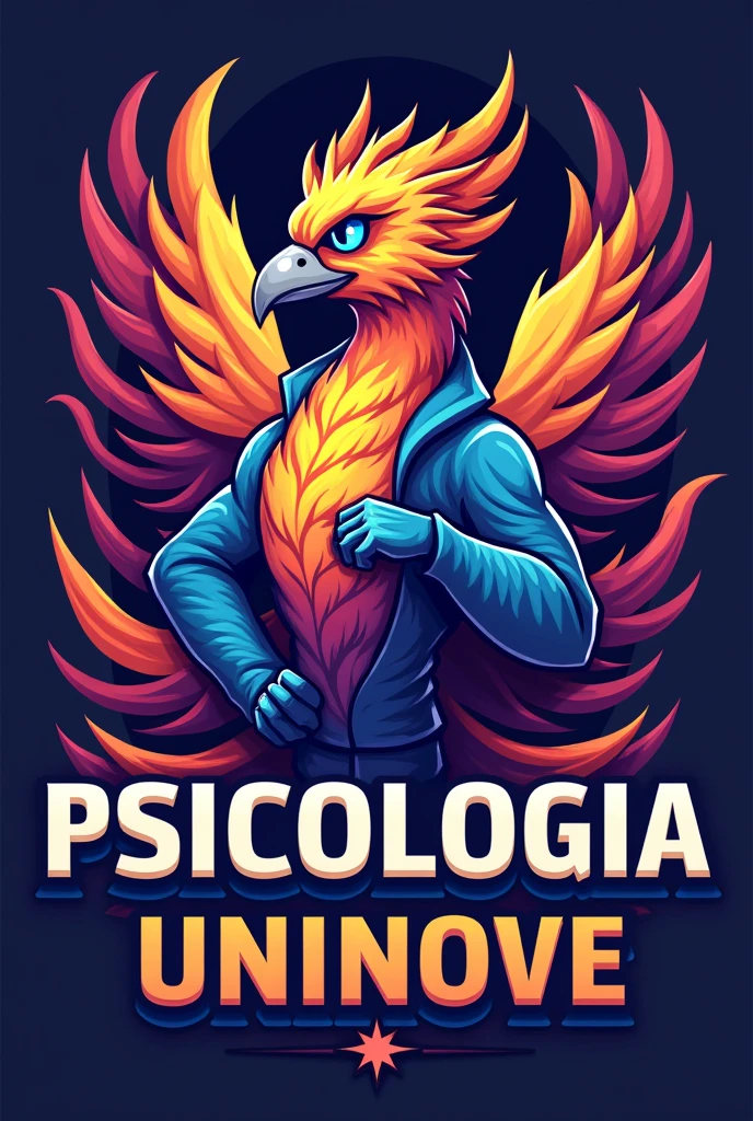 Create a mascot image for the Psychology course. The phoenix must have a confident and empowered posture, symbolizing strength and overcoming. He should be holding the Psychology symbol Ψ with an expression of determination.. Use colors that represent Psychology, like purple, yellow, blue and red and cyan blue eye color , no design, swirly vibrant colors. Include the name 'PSICOLOGIA UNINOVE' in bold, with typography that conveys power and professionalism. The mascot's style should be aggressive and inspiring., with features that show power and resilience. Design should reflect the spirit of support, development and reception of the group, incorporating additional symbols related to Psychology, significant elements for the course and practice of Psychology. Make a logo and use it on social media. same color background, animal on fire and put the psychology dimbolo