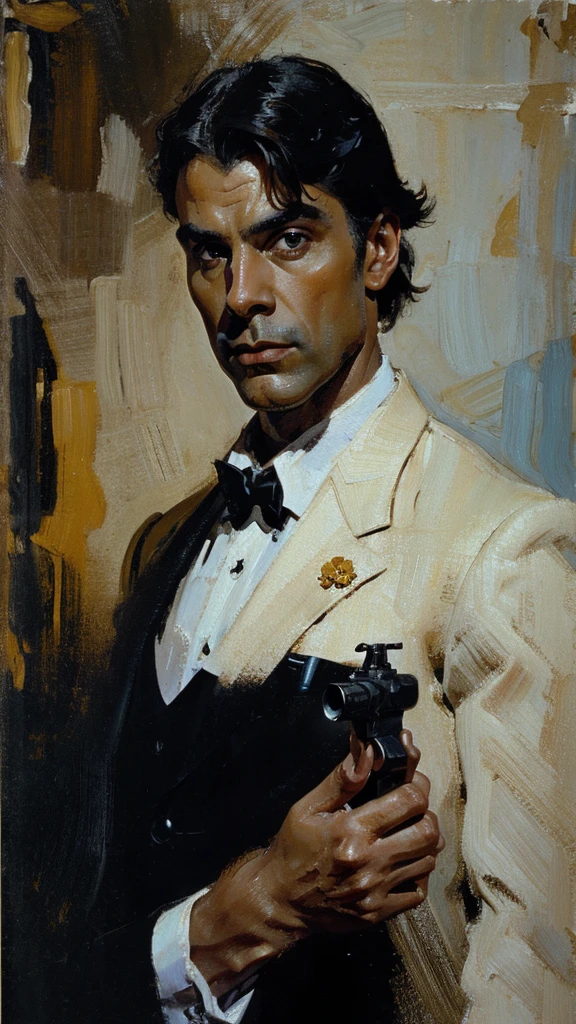 Agent 007,standing holding pistol,Surrealism,painting,ink,acrylic painting,masterpiece,renaissance style,best quality,high resolution,Super fine,Delicate eyes,facial details,hair details,precise,Clear eye focus close-up