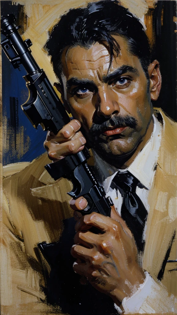 Agent 007，standing holding pistol，Surrealism，painting，ink，acrylic painting，masterpiece，renaissance style，best quality，high resolution，Super fine，Delicate eyes，facial details，hair details，precise，Clear eye focus close-up