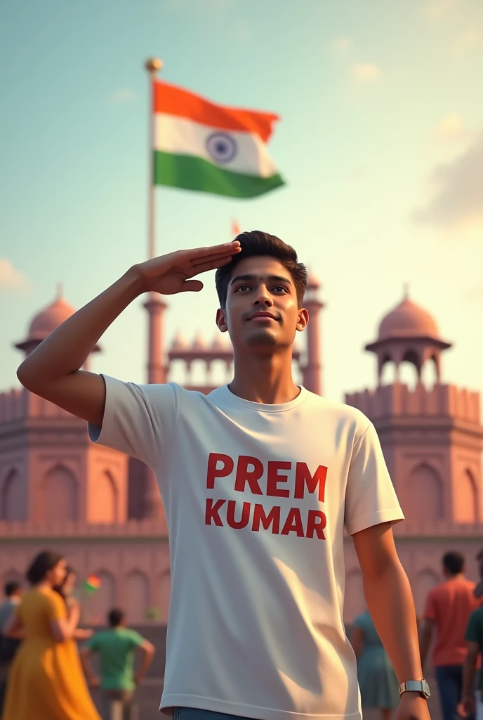 Create a 3D image of 22 years old boy is wearing White color shirt and saluting to indian flag and behind him red fort placed a hoisting flag on that, written Happy Independence Day 2024" on the sky and "PREM KUMAR" is written on his shirt with bold letters and also in overall image has the divine background like indian republic day. Everyone is celebrating.