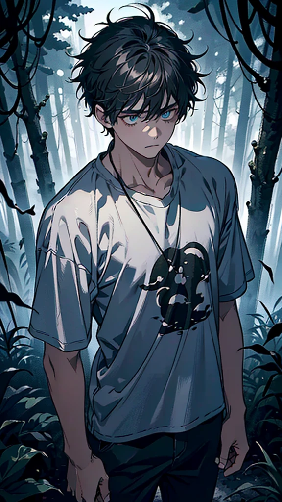 (Overhead view), dynamic angle, ultra-detailed, illustration, close-up, straight on, 1boy, ((short, messy hair, worn simple clothes:1.4, determined eyes)), His expression shows realization and newfound resolve, (faint light illuminating his face:1.2), (standing still in the dark forest), (night:1.2), (moody atmosphere).