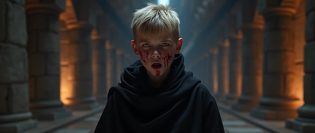 Character based on the world of Star Wars, a male sith lord, dark blonder short haired, yellow eyes, dark simple cloats, inside a dark sith temple, high realism, perfect anatomy, perfect eyes, blood crying, broken sith mask, fontal, screaming