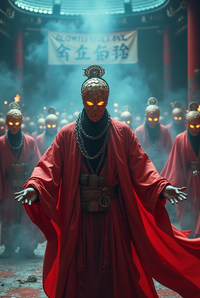 Chaos and disorder，Extremely wide view，A Taoist priest in a red robe，Wearing a mask made of copper coins on his face，Cover the lower half of the face，banner，Glowing Soul Army，Tang Dynasty，Ethereal Symbolism，Silver and blue，Vibrant stage backdrop，Dark death atmosphere，gloomily，inspiration，Creepy old，Faint ghost fire，dishcloth，Hip lighting，Hyper-realistic rendering