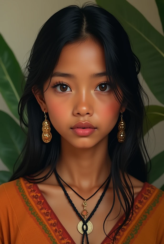 Filipino girl with light brown skin black silky hair dark brown eyes with filipino characteristics from mandaya tribe in the