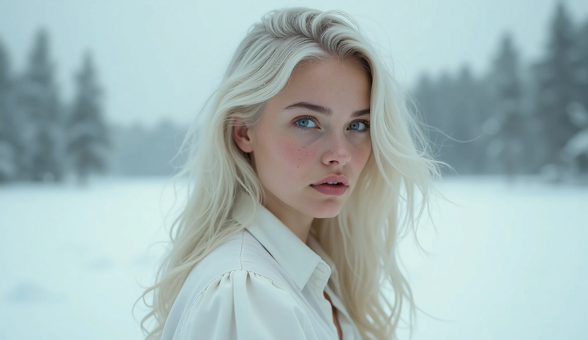 20-year-old woman, ultra detailed face, Skinny body, White skin, Long, wavy, messy platinum blonde hair, Sunny winter snow, Snow on the ground, ((Front view, ultra detailed nordic eyes)), (((masterpiece, Giant , Giant breasts, White short blouse))), photographrealism, High Contrast, photographRealist, photograph, masterpiece, Realist, realism, photographrealism, High Contrast, photographRealist digital art trend on Artstation 8k HD high definition detailed Realist, detailed, Skin Texture, hyperdetailed, Realist Skin Texture, Highest quality, ultra High resolution, (photographRealist: 1.4), High resolution, detailed, raw photograph, Sharp Fire, Kodak Portra 400 Camera F1 Lens.6 rich colors hyper Realist texture dramatic lighting irrealengine trend in artstation cinestill 800.