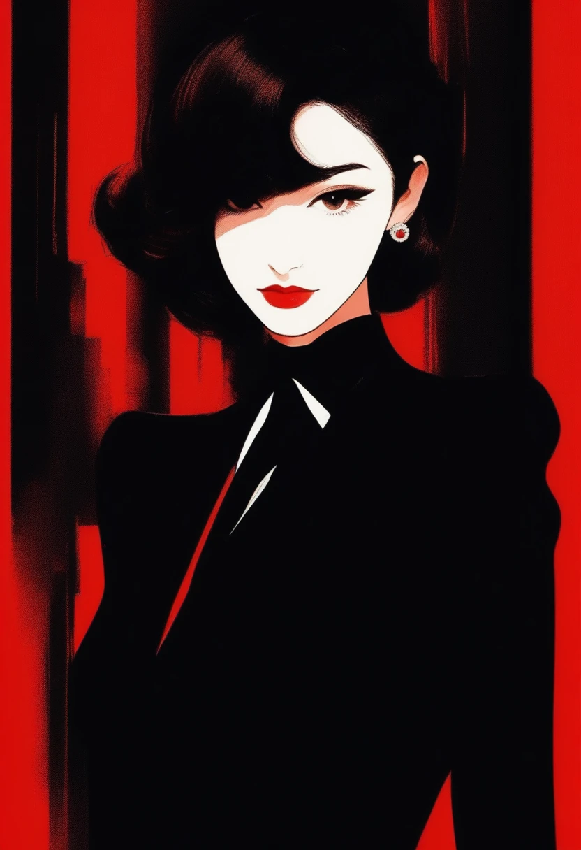  This image is、A digital artwork of a woman wearing a black dress and black tie.。, Red background and watch on wrist.