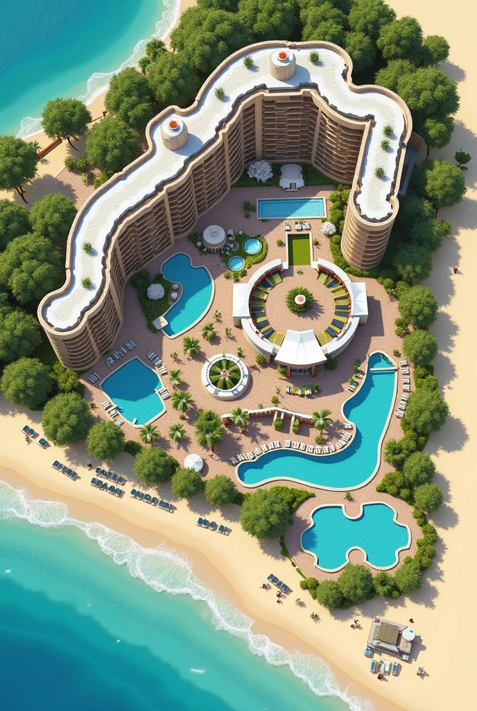 2D hotel floor plan on the beach which first shows the reception space The restaurant space The recreation space , the rooms, A SPA room, An area for people with disabilities, 3 swimming pools, Connection with green areas, This could be something like an open space and a sewage tank outside the hotel., The L-shaped parking lot One part in front and the rest alongside