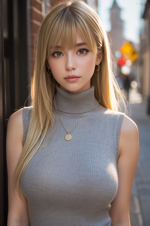 1girl, solo, long_hair, breasts, looking_at_viewer, bangs, blonde_hair, large_breasts, original, bare_shoulders, jewelry, closed_mouth, upper_body, outdoors, sleeveless, necklace, sweater, lips, grey_eyes, turtleneck, swept_bangs, turtleneck_sweater, sleeveless_turtleneck, alley