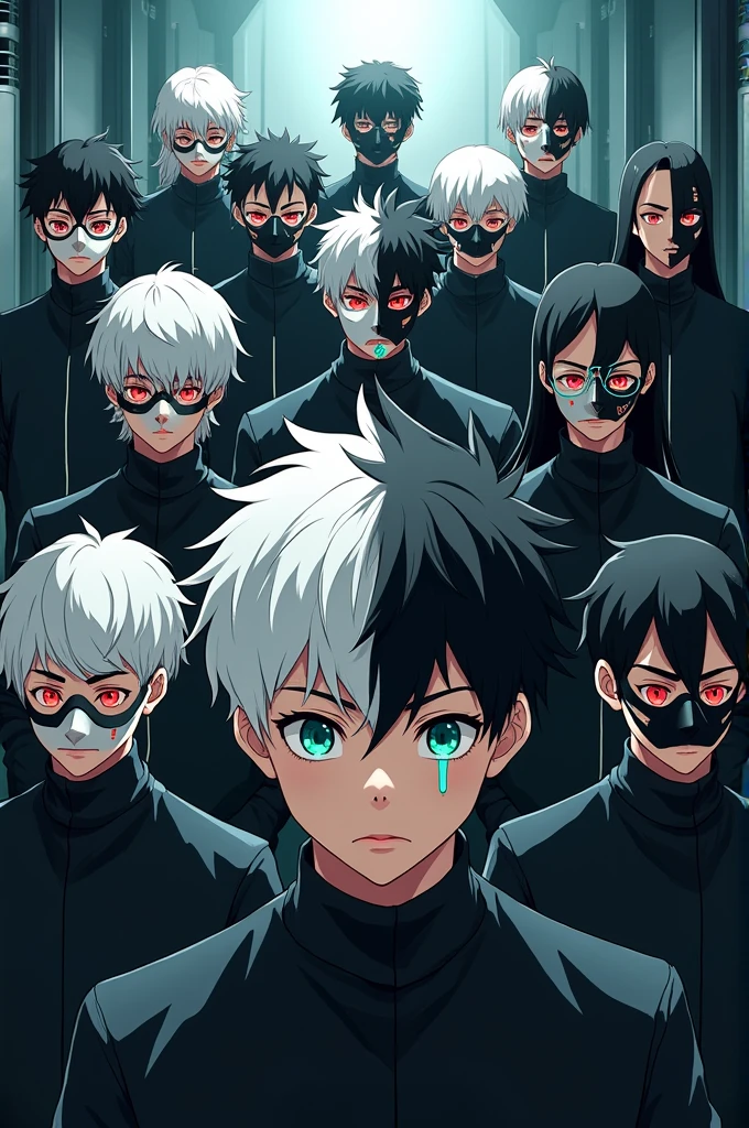 An anime picture of 10 genius people wearing half black and half white masks with the main character being a white-haired, green-eyed male and a black-haired, bespectacled male who is a hacker.